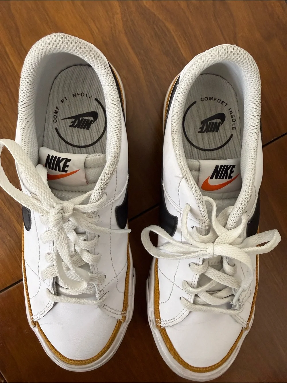 {5Y} Nike Court Legacy White Black & Gold Low-Top Sneakers